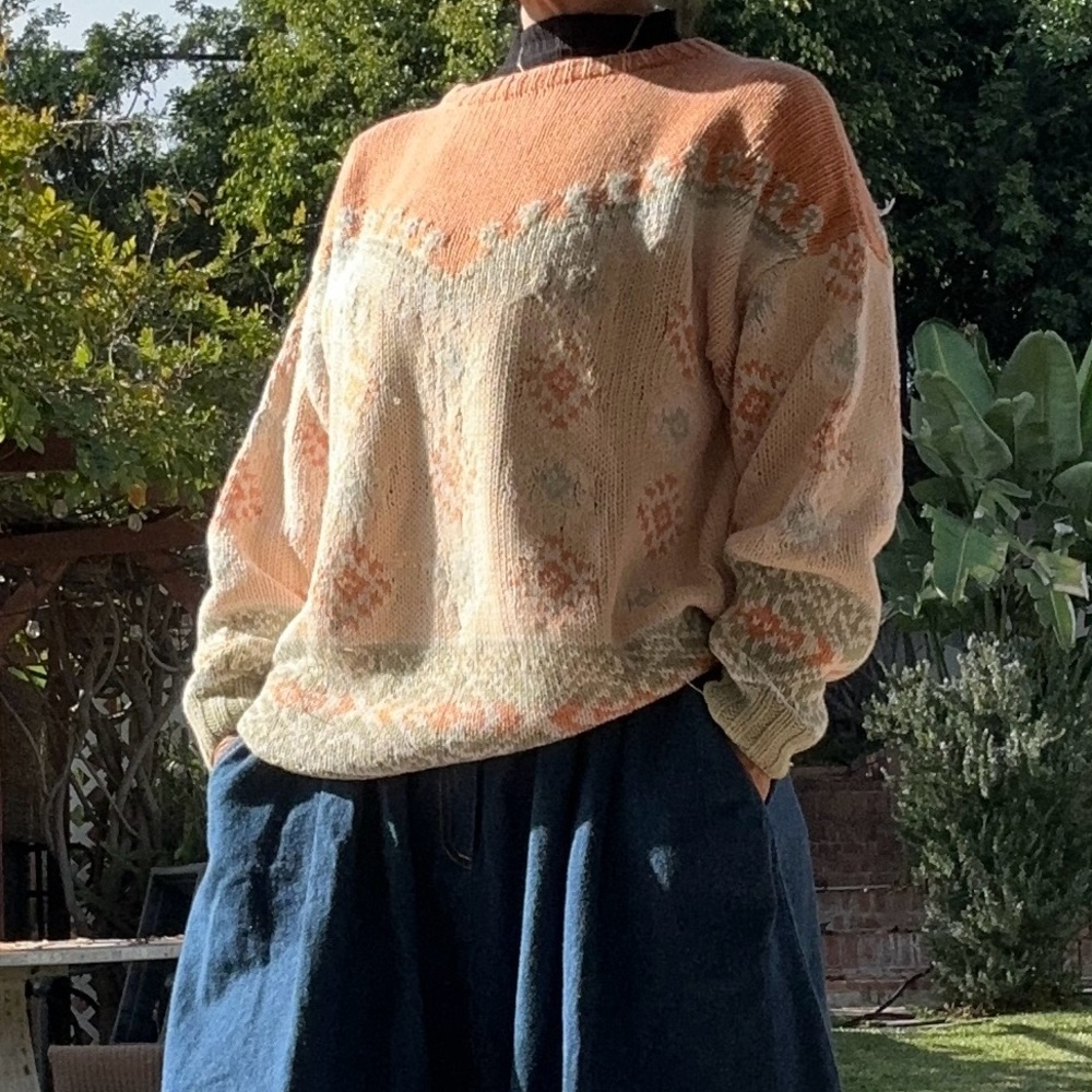 Southwesern Sweater Women’s L peach/green Chunky Knit Floral 90s cottagecore